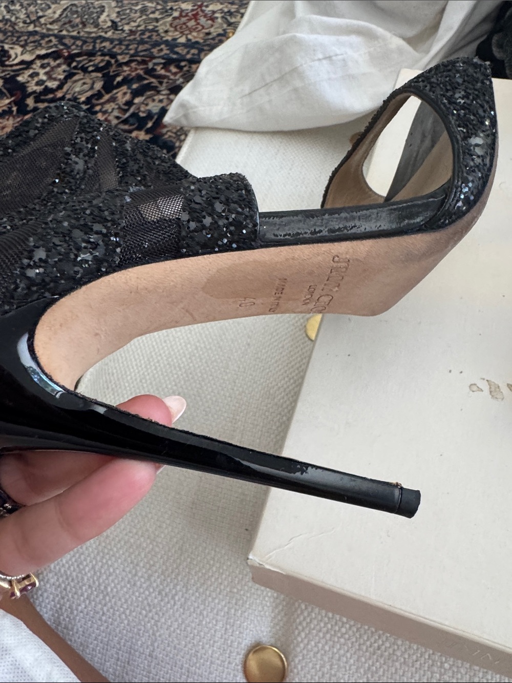 Jimmy Choo Black Glitter Mesh Ankle-Heel Sandals - Picture 4 of 6
